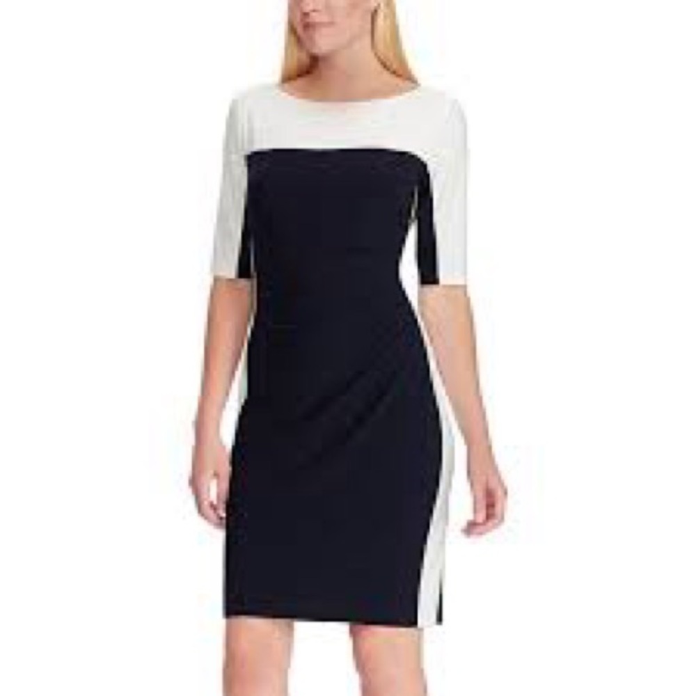 NWT Ralph Lauren White and Navy Sheath Dress Bateau Neckline 3/4 Sleeve
